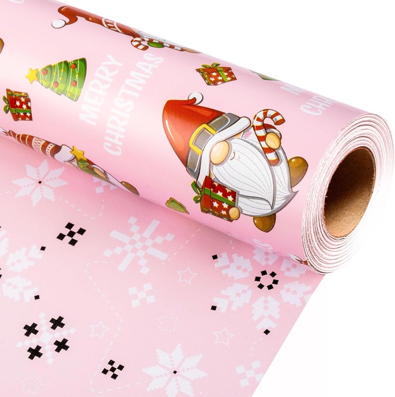 Retrify Christmas Wrapping Paper - 17 Inch x 32.8 Feet Mini Roll - Cute Red Green Gnome Snowflake Foil Girly Pink Gift Wrap Paper for Holiday Shower Party Celebration - Image 1